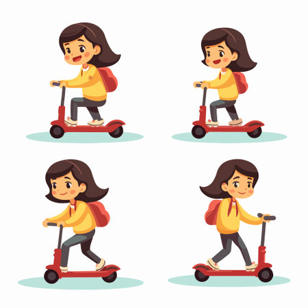 Set of cute little girls riding electric scooter. Vector illustration.のイラスト素材