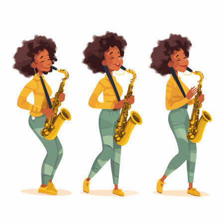 African American woman playing saxophone. Vector illustration in cartoon style.のイラスト素材