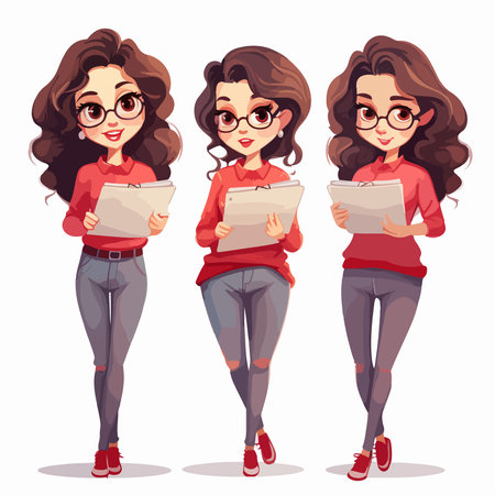 Beautiful brunette girl in glasses and red t-shirt holding documents. Vector cartoon illustrationのイラスト素材
