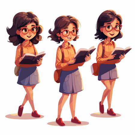 Vector cartoon school girl character. Schoolgirl in glasses with books.のイラスト素材