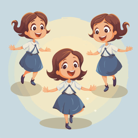 Cute little girls in school uniform. Vector illustration in cartoon style.のイラスト素材