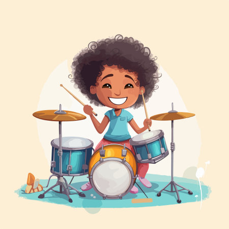Cute african american girl playing drums. Vector illustration.のイラスト素材