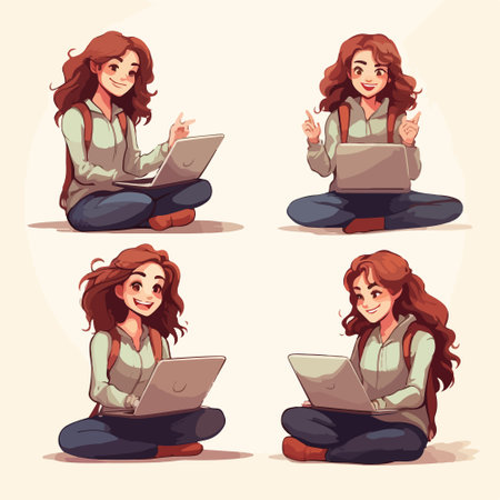 Beautiful young woman sitting in lotus position and using laptop. Vector illustrationのイラスト素材