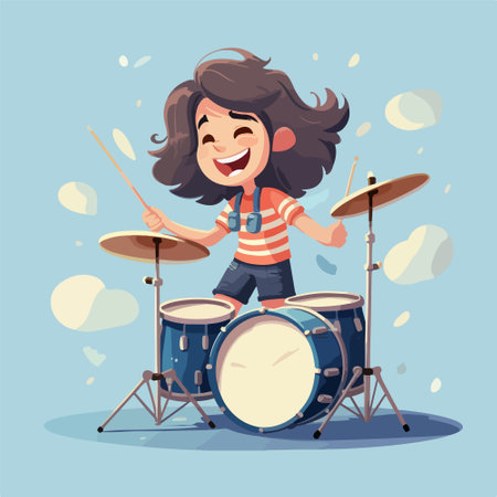 Cute little girl playing drums. Vector illustration in cartoon style.のイラスト素材