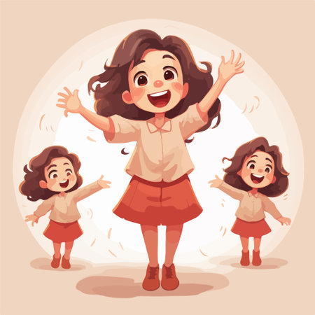 Cute happy little girl with hands up. Vector cartoon illustration.のイラスト素材