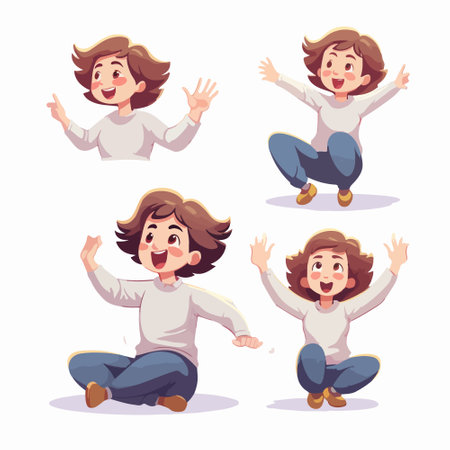 Cute happy little girl in different poses and gestures. Vector illustrationのイラスト素材