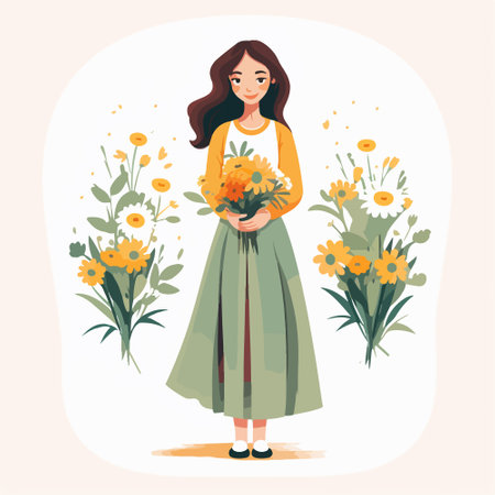 Beautiful woman holding bouquet of yellow flowers. Vector illustration.のイラスト素材