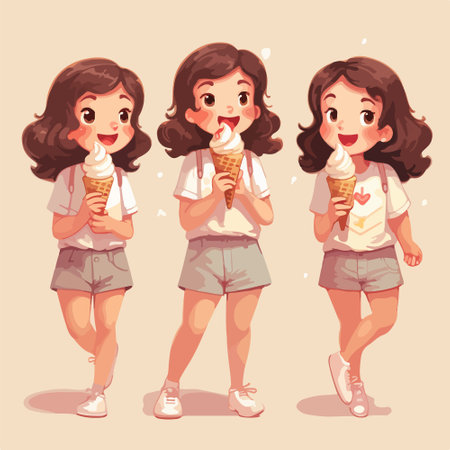 Cute little girl eating ice cream. Vector illustration of a cartoon character.のイラスト素材
