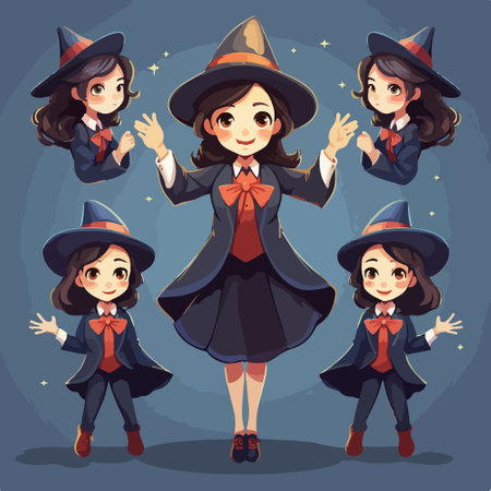 Cute little girls in Halloween costumes. Vector illustration.のイラスト素材