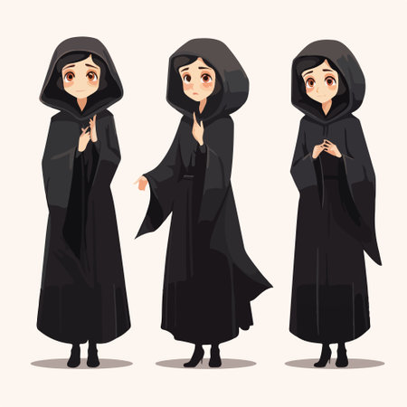 Set of three cartoon women in black niqab. Vector illustrationのイラスト素材