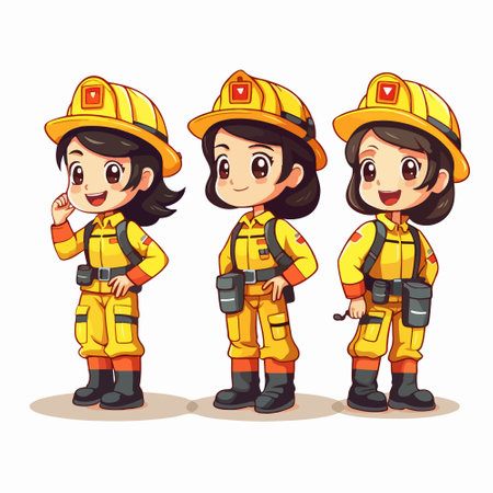 Firefighter cartoon character with different poses. Vector illustration isolated on white background.のイラスト素材