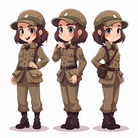Cute girls in military uniform. Cartoon vector illustration isolated on white background.のイラスト素材