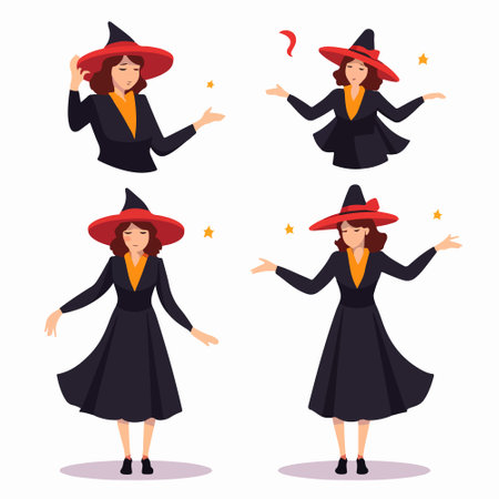 Set of female witch in different poses. Vector illustration in flat styleのイラスト素材