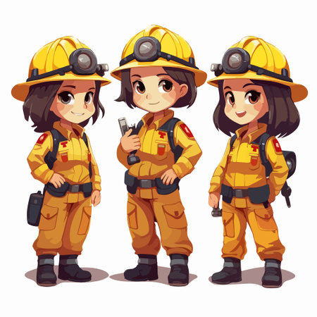 Cute cartoon fireman girl in uniform and helmet. Vector illustrationのイラスト素材
