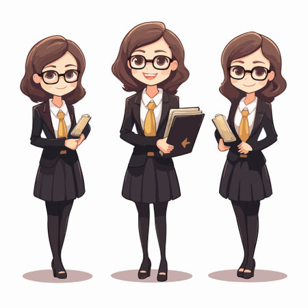 Business woman in glasses holding books. Vector illustration in cartoon style.のイラスト素材