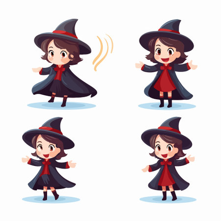 Cute cartoon witch in different poses. Vector illustration isolated on white background.のイラスト素材