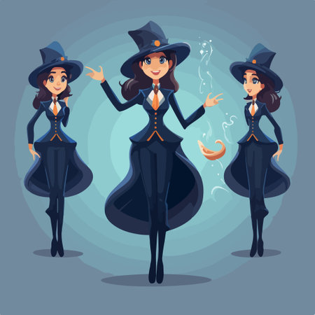 Cute cartoon witch. Vector illustration of a beautiful woman in a hat and cloak.のイラスト素材