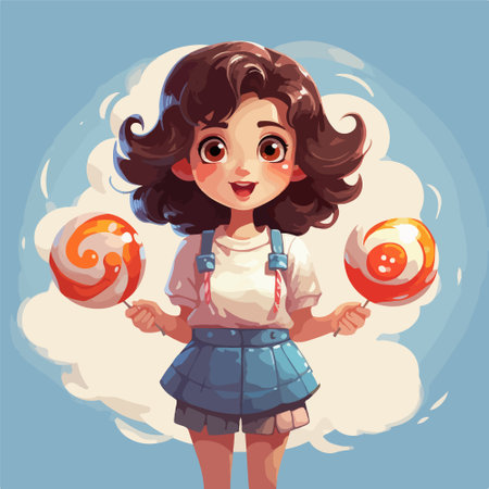 Cute little girl holding lollipops. Vector illustration.のイラスト素材