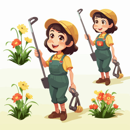 Cartoon gardeners with shovels and flowers. Vector illustration.のイラスト素材