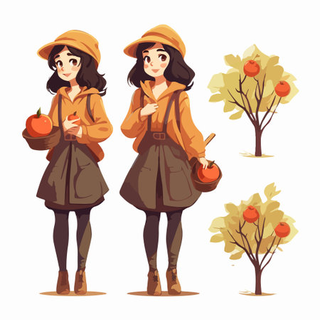 Autumn woman in coat and hat with apples. Vector illustration.のイラスト素材
