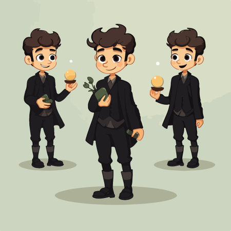 Vector illustration of a cartoon boy in black suit with different facial expressions.のイラスト素材