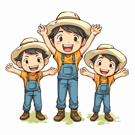 Illustration of Stickman Kids Wearing Dungarees and Hatsのイラスト素材
