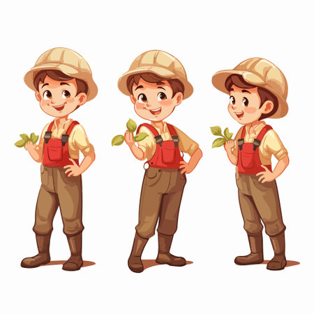 Farmer character set. Cute cartoon boy in uniform and hat with green plant. Vector illustrationのイラスト素材