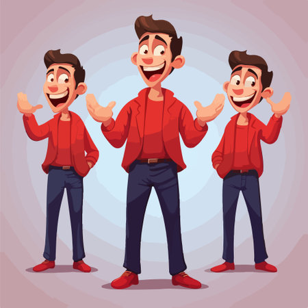 Young man in red shirt and jeans. Vector illustration in cartoon styleのイラスト素材