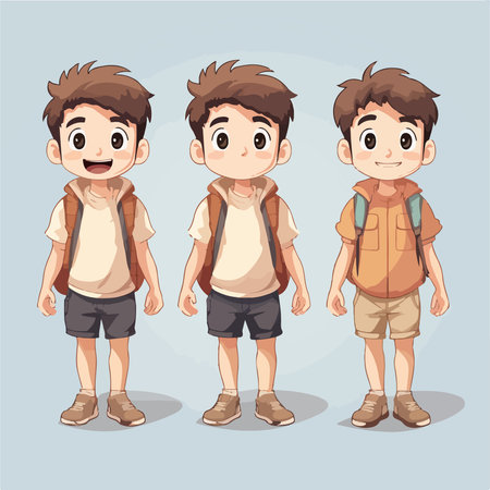 cute boy with backpack set. Vector illustration in cartoon style.のイラスト素材