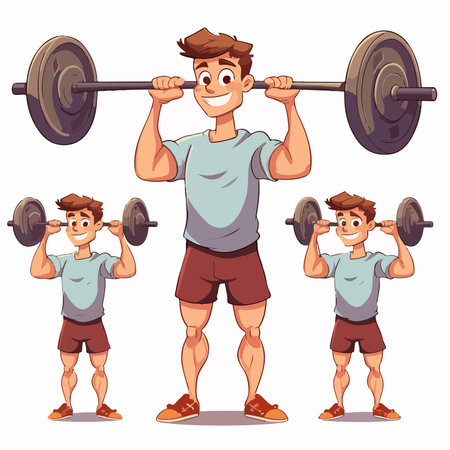 Cartoon little boy lifting weights. Vector illustration isolated on white background.のイラスト素材
