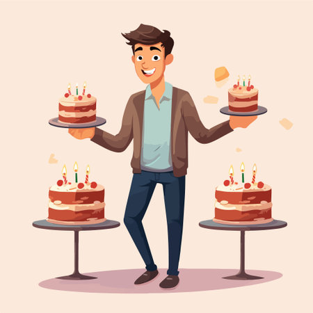 Happy man holding cake with candles. Vector illustration in cartoon style.のイラスト素材