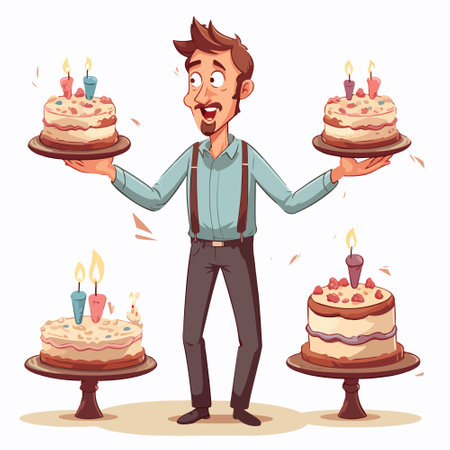 Man holding birthday cake. Cartoon vector illustration isolated on white background.のイラスト素材