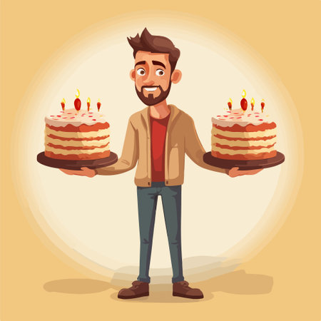 Happy man holding birthday cake. Vector illustration in cartoon style isolated on light background.のイラスト素材