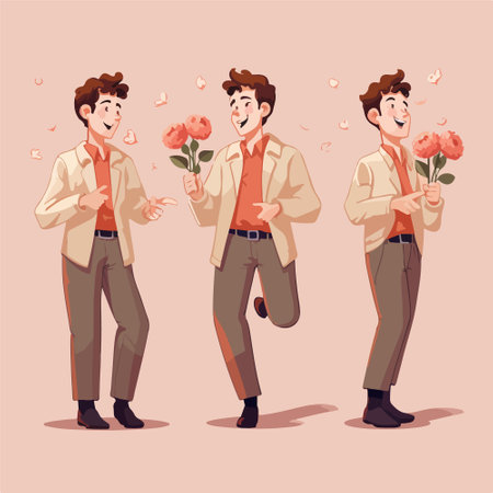 Vector illustration of a man holding a bouquet of flowers. Cartoon style.のイラスト素材