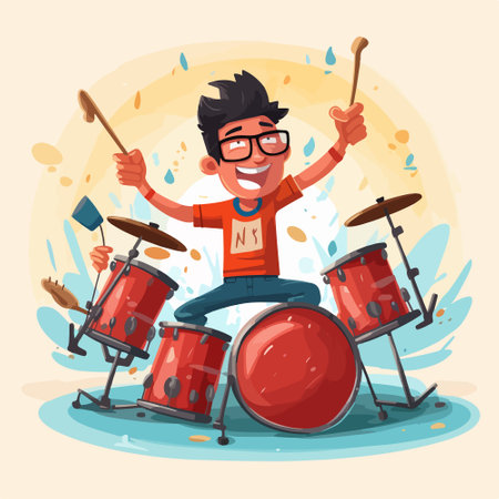Cartoon man playing drums. Vector illustration of a boy playing drums.のイラスト素材