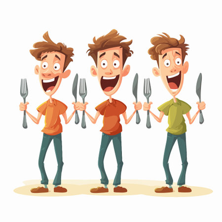 Funny cartoon man holding fork and knife. Vector illustration isolated on white background.のイラスト素材