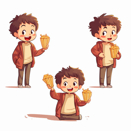 Vector illustration of cute boys holding Chinese paper lanterns. Isolated on white background.のイラスト素材
