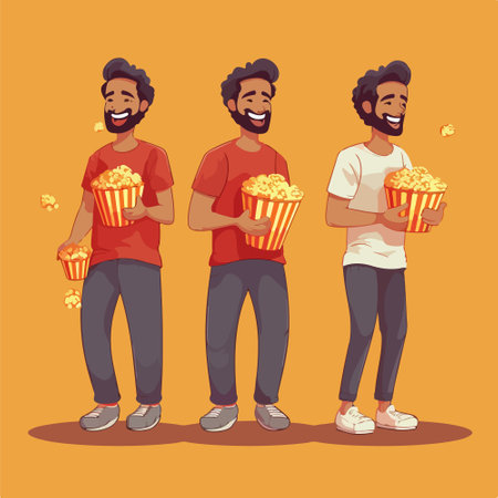 Three happy men with popcorn. Vector illustration in flat cartoon style.のイラスト素材