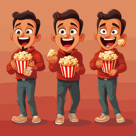 Vector cartoon illustration of a young man eating popcorn and watching movie.のイラスト素材