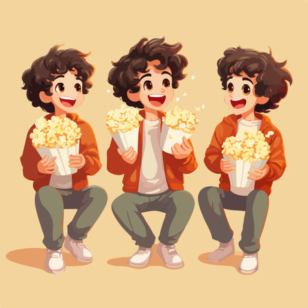 Cartoon boy eating popcorn. Vector illustration of happy boy eating popcorn.のイラスト素材