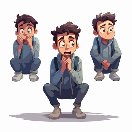 Vector cartoon illustration of a boy in a hooded jacket and jeans.のイラスト素材