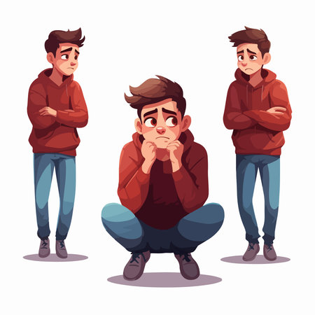 Set of young man with different emotions. Vector illustration in cartoon style