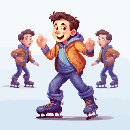 Vector cartoon illustration of a boy skating on roller skates with friends.のイラスト素材