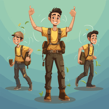 Vector illustration of happy tourists with backpacks and backpacks. Cartoon style.のイラスト素材