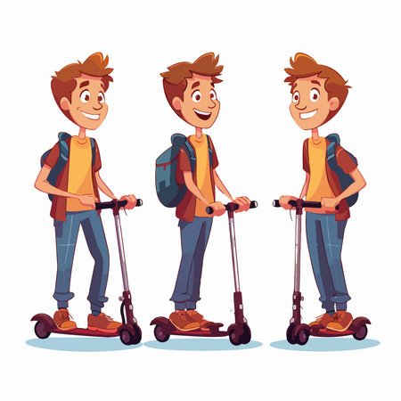 Young man riding electric scooter. Vector illustration in cartoon style.のイラスト素材