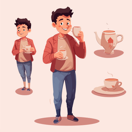 Vector illustration of a boy drinking coffee. Cartoon character in a flat style.のイラスト素材