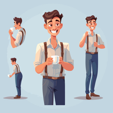 Vector illustration of a young man with a cup of coffee and a backpack.のイラスト素材