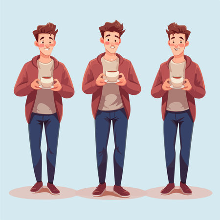 Young man holding a cup of coffee. Vector illustration in cartoon style