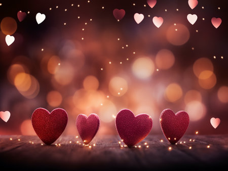 Valentine's day background with red hearts and bokeh lightsの写真素材