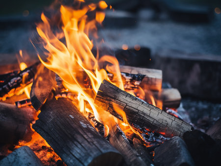 Burning firewood in a campfire. Bonfire close upの写真素材